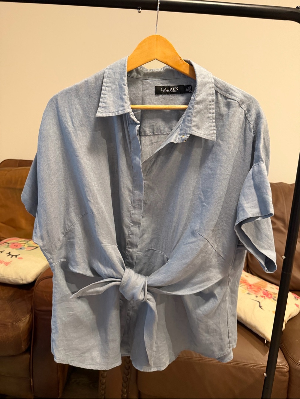 Lauren Ralph Lauren 100% Linen Tie Front Blue Short Sleeve Blouse Size 1X